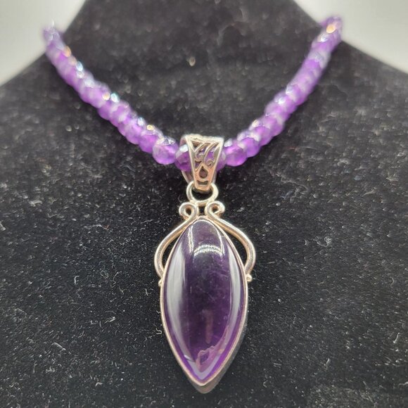 Amethyst Faceted Bead Necklace Sterling Silver Amethyst Pendant - Picture 2 of 8